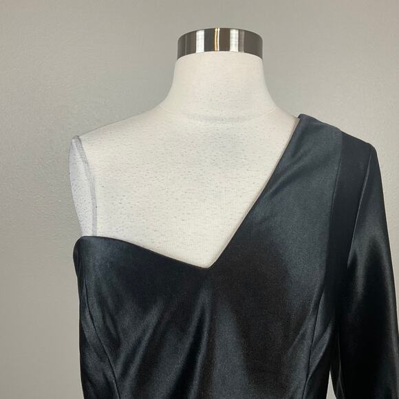 Adrianna Papell Satin One Shoulder Long Sleeve Midi Cocktail Dress Black Size 10 - Picture 7 of 14